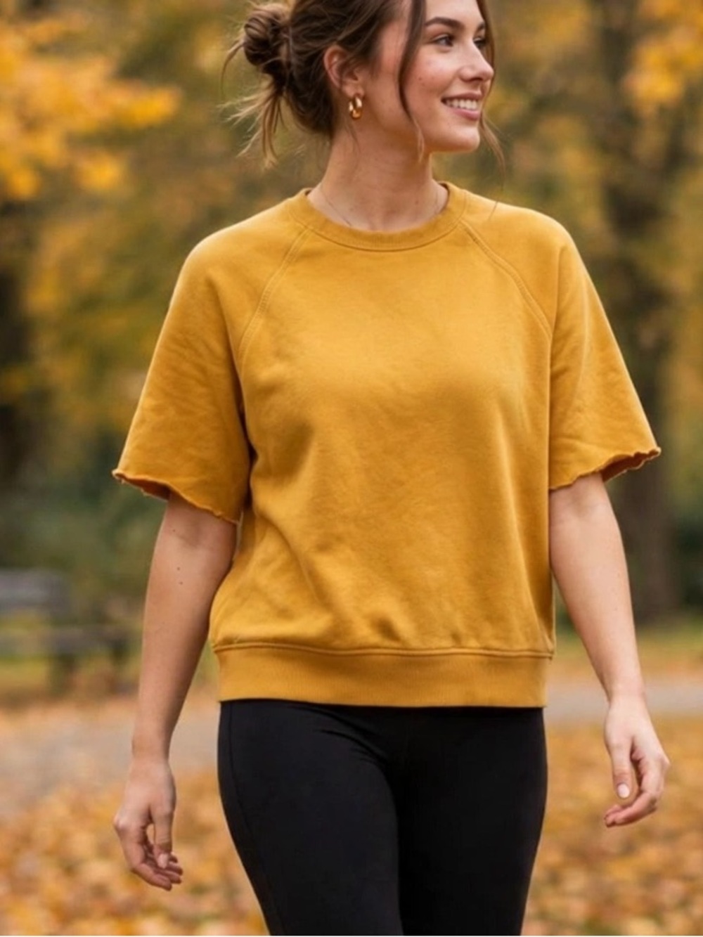H&M Sweatshirt Womens S Mustard Gold Short Sleeve Regular Fit Raglan Casual Comf